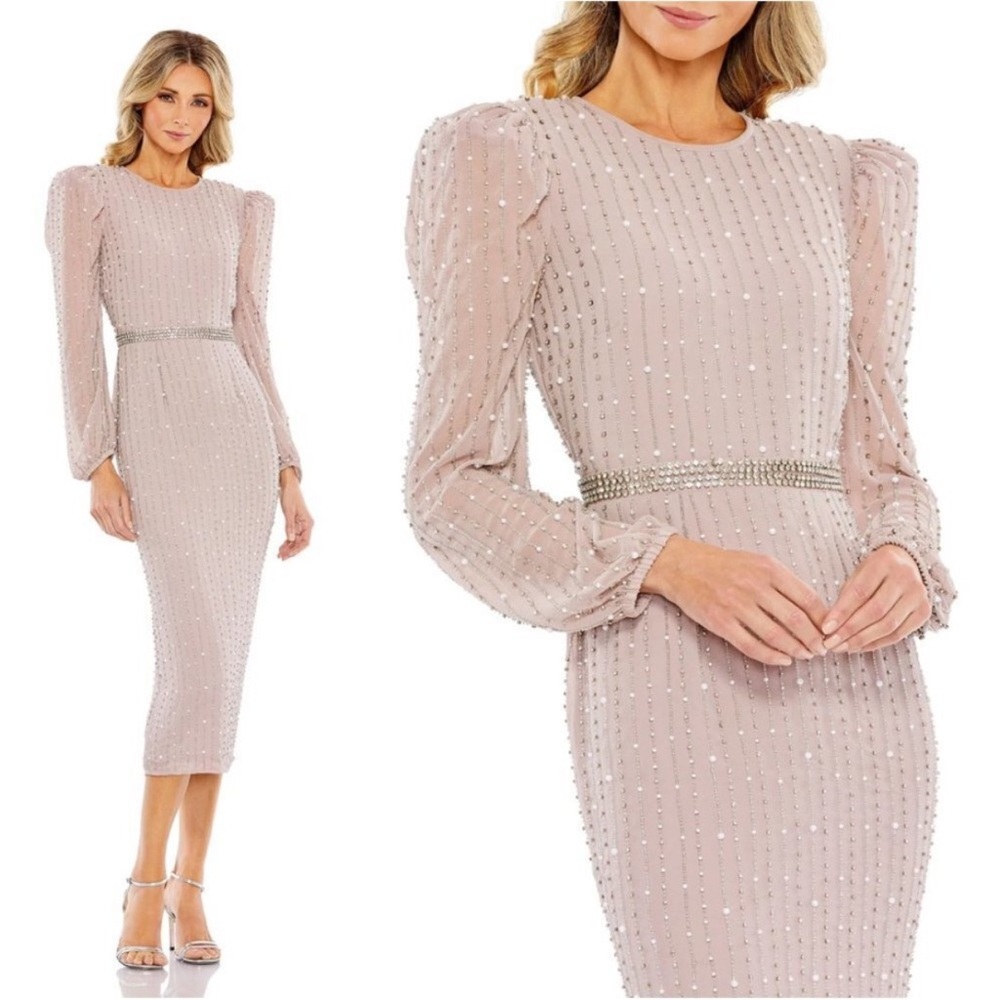 New Mac Duggal long sleeve puff sleeve beaded midi size 10